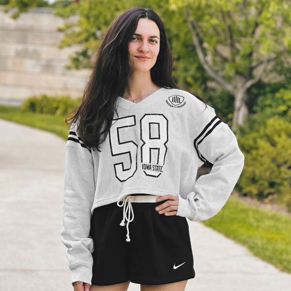 Champion® Women's 5-Bar Gray Reverse Weave Jersey Cropped V-Neck Sweatshirt